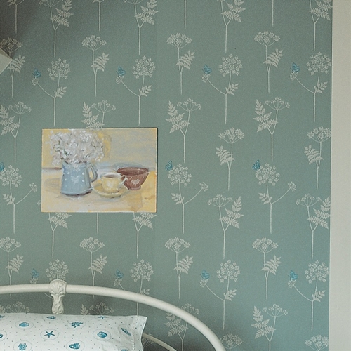 Cow Parsley Wallpaper Duck Egg, Cornflower Vanessa Arbuthnott