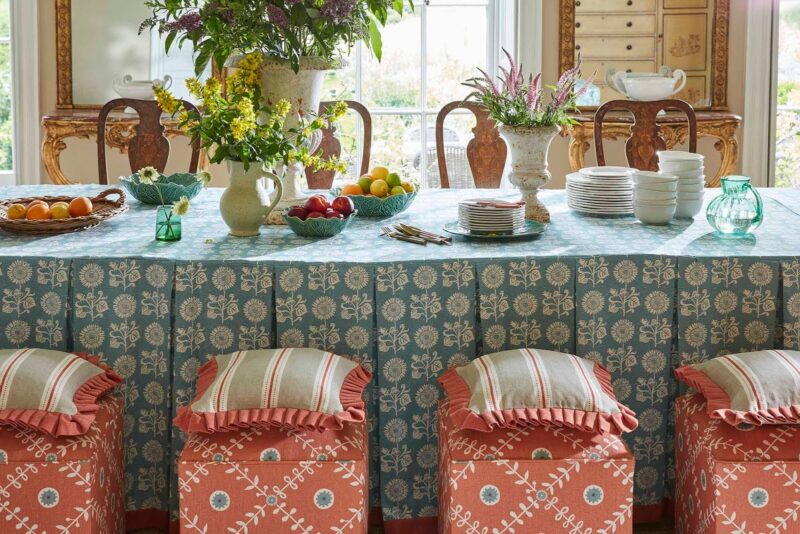 Patterned tablecloth and cushions
