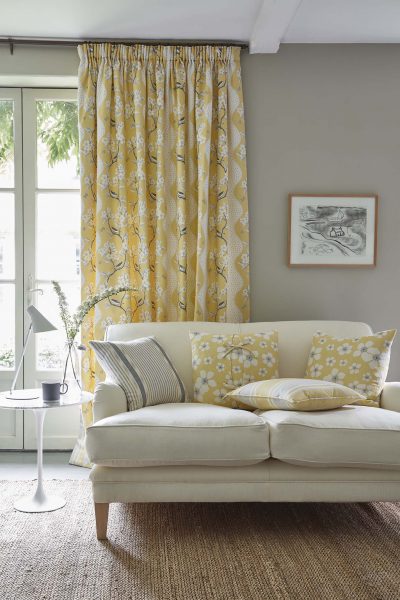 song bird buttercup charcoal clay yellow luxury curtains