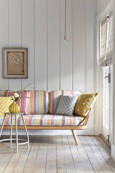 beach hut style fabric covered sofa