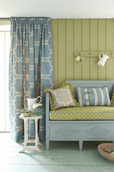 pencil pleat curtains in beach hut style room