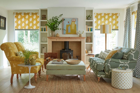 yellow patterned living room roller blind