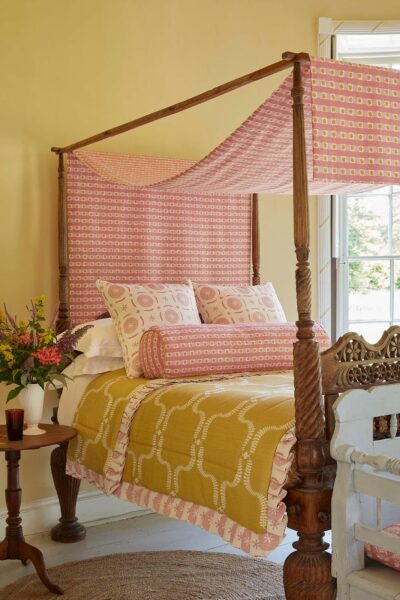 Bed canopy in colourful patterned fabric