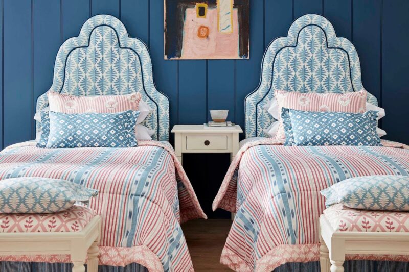 Single beds with patterned quilts