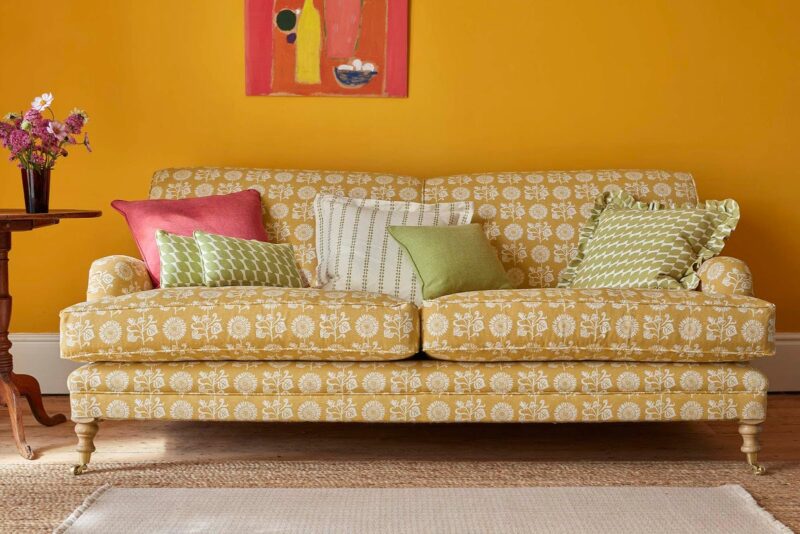 Sofa upholstered in sunflower fabric