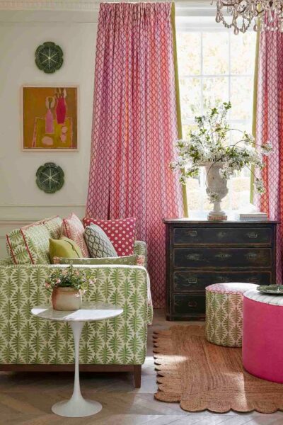 Colourful patterned curtains and sofa