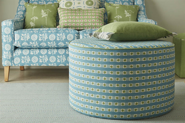 Circular Pouffe (Large) - Dotty Check - Cloud, Light Indigo, Moss - Was £771, NOW £693