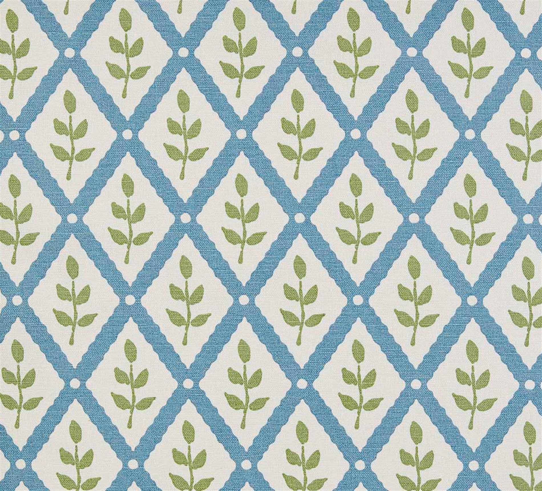 Lattice Leaf Soft Cornflower, Moss Designer Fabric, Curtain and