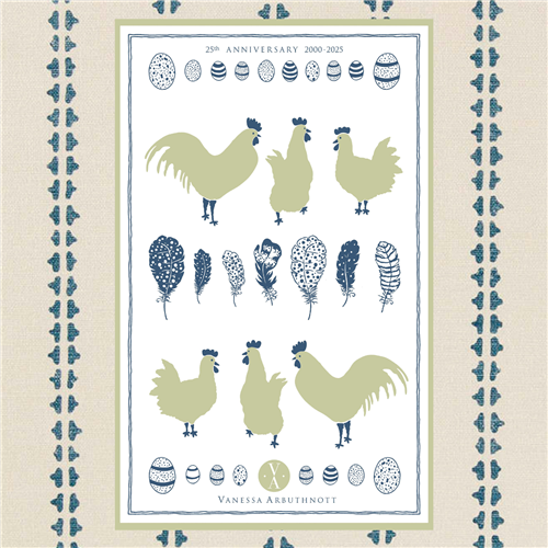 Cockerels, Hens & Eggs - Tea Towel - Apple Green, Denim 