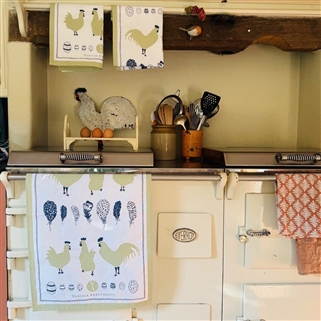 Cockerels, Hens & Eggs - Tea Towel - Apple Green, Denim 