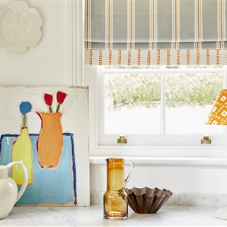 Pair of Roman Blinds in Stockholm Stripe - Duck Egg, Pumpkin, Winter (W: 82.5cm x D: 158cm) Originally £950 NOW £500